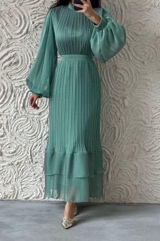 Pliseli Kat Kat Janjan Şifon Tesettür Abiye Su Yeşili