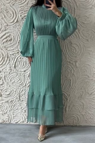 Pliseli Kat Kat Janjan Şifon Tesettür Abiye Su Yeşili