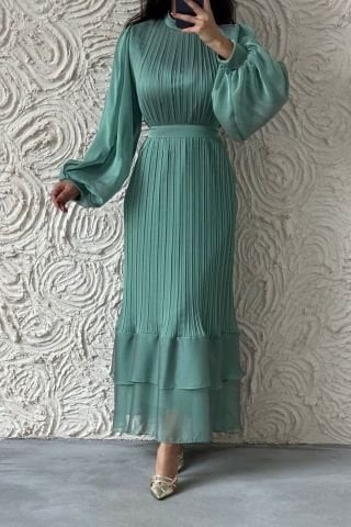 Pleated Layered Janjan Chiffon Hijab Evening Dress in Water Green