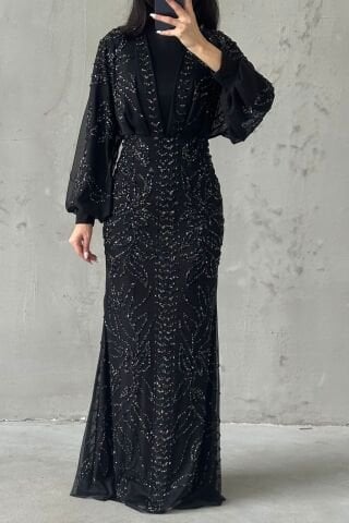 Taş İşlemeli Balon Kol Tesettür Abiye Siyah