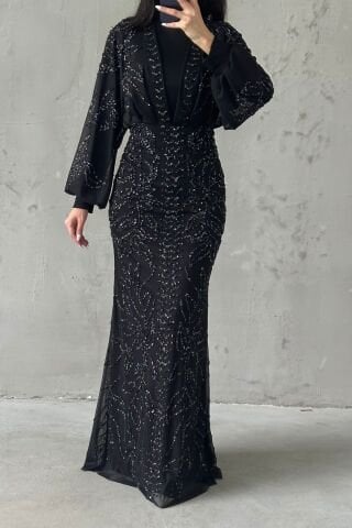 Taş İşlemeli Balon Kol Tesettür Abiye Siyah