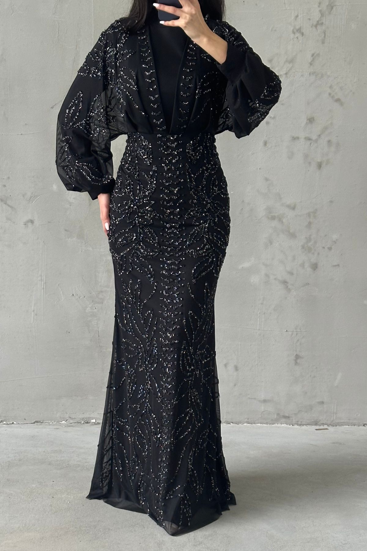 Taş İşlemeli Balon Kol Tesettür Abiye Siyah