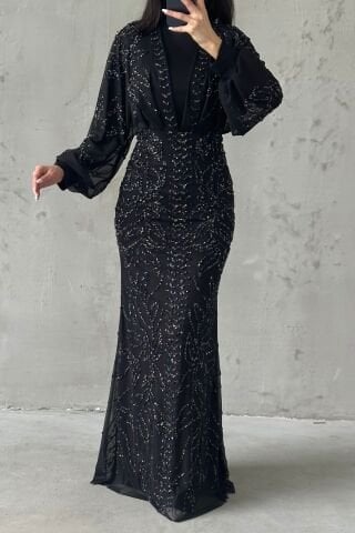Taş İşlemeli Balon Kol Tesettür Abiye Siyah