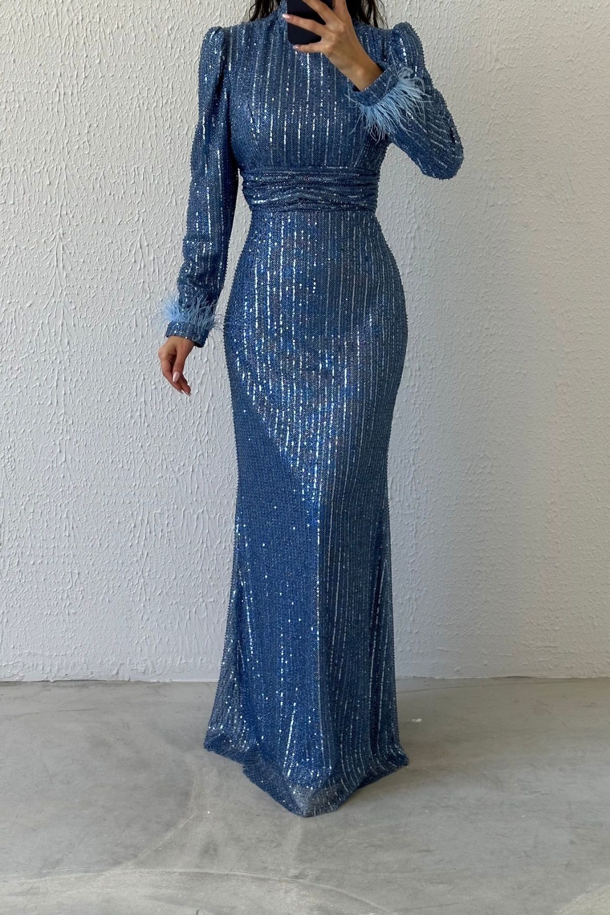 Beli İnce Piliseli Pul Payet Tesettür Abiye İndigo