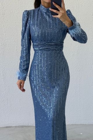 Beli İnce Piliseli Pul Payet Tesettür Abiye İndigo