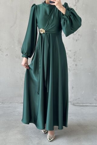 Eliz Satin Hijab Evening Dress Emerald Green