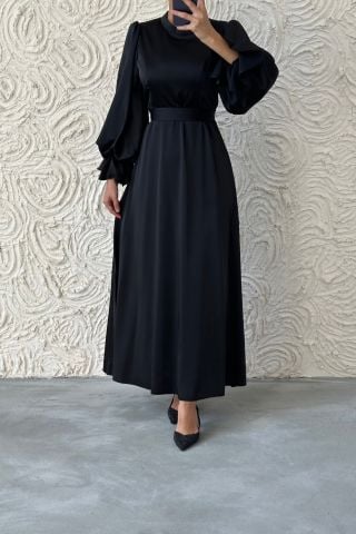 Minimal Şıklık Saten Balon Kol Tesettür Abiye Siyah