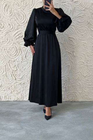 Minimal Şıklık Saten Balon Kol Tesettür Abiye Siyah