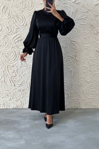 Minimal Şıklık Saten Balon Kol Tesettür Abiye Siyah