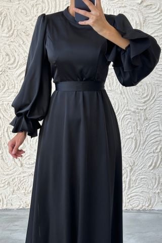 Minimal Şıklık Saten Balon Kol Tesettür Abiye Siyah