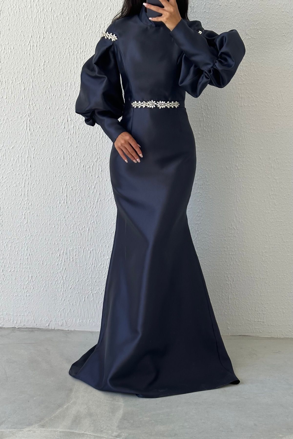 Fluent Satin Evening Dress with Balloon Sleeve Elegance and Fine Stone Detail, Navy Blue