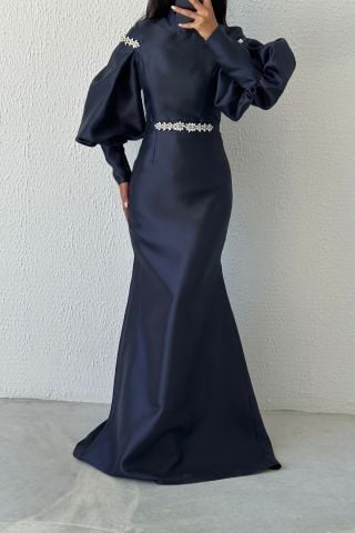 Fluent Satin Evening Dress with Balloon Sleeve Elegance and Fine Stone Detail, Navy Blue