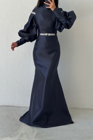 Fluent Satin Evening Dress with Balloon Sleeve Elegance and Fine Stone Detail, Navy Blue