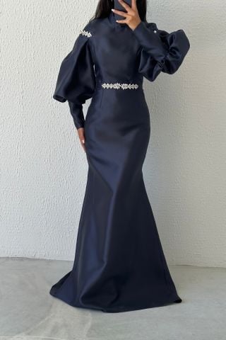 Fluent Satin Evening Dress with Balloon Sleeve Elegance and Fine Stone Detail, Navy Blue