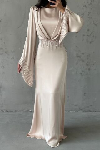 Zerafet Işıltısı Saten Tesettür Abiye Taş