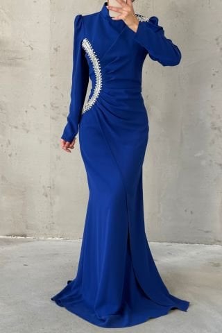 Crepe Modest Evening Dress with Stones on Waist and Shoulders, Saxe Blue