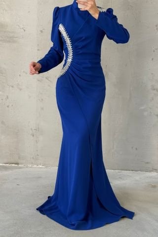 Crepe Modest Evening Dress with Stones on Waist and Shoulders, Saxe Blue