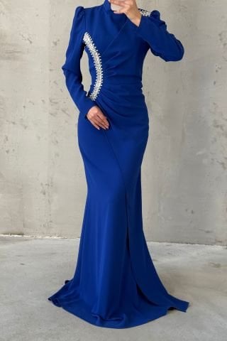 Crepe Modest Evening Dress with Stones on Waist and Shoulders, Saxe Blue