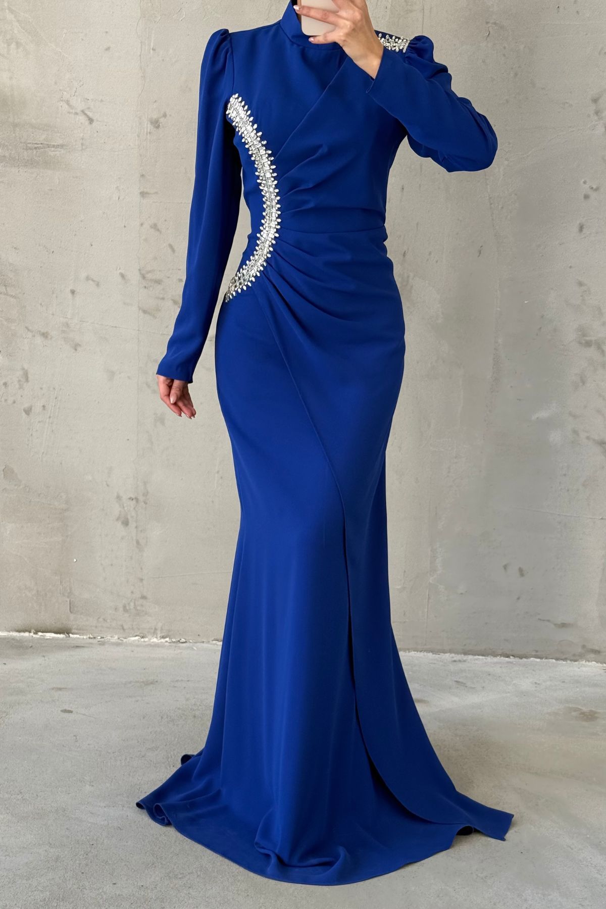 Crepe Modest Evening Dress with Stones on Waist and Shoulders, Saxe Blue