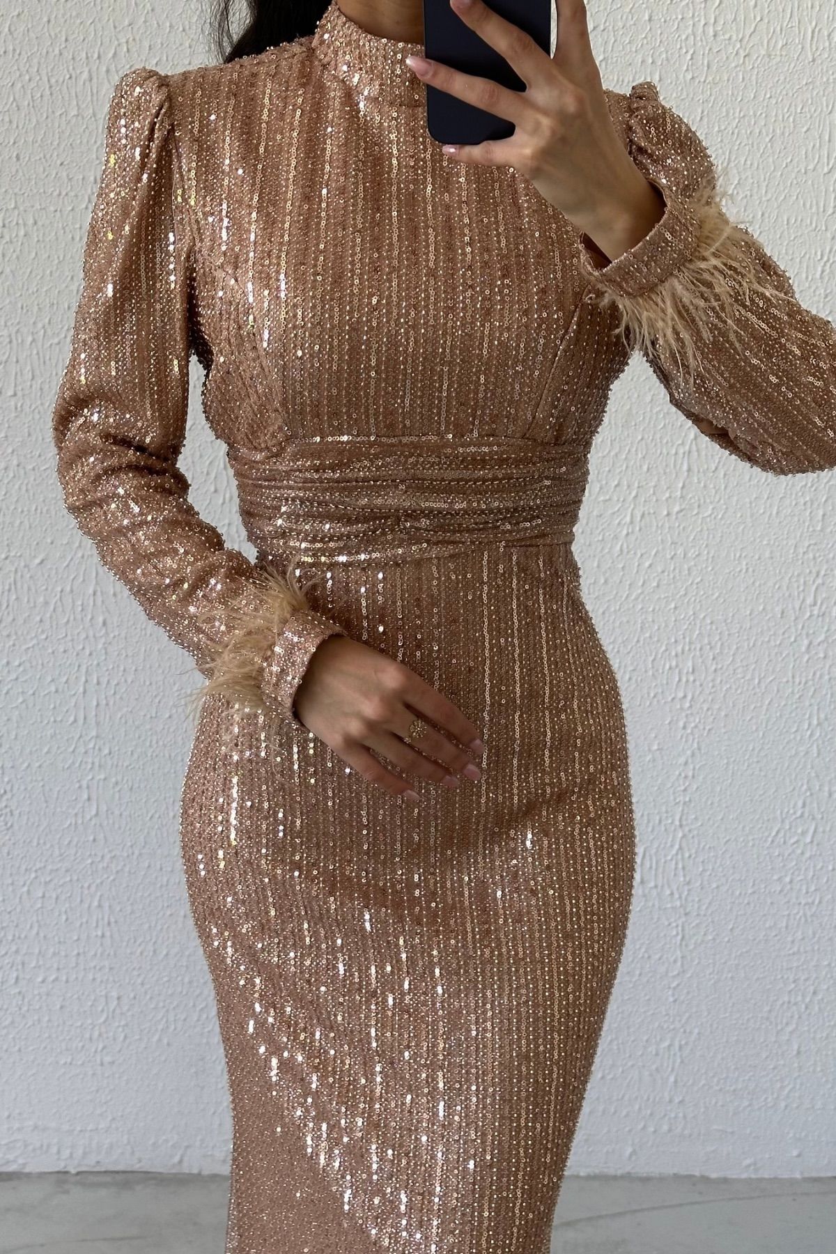 Thin Waist Pleated Sequined Hijab Evening Dress Copper