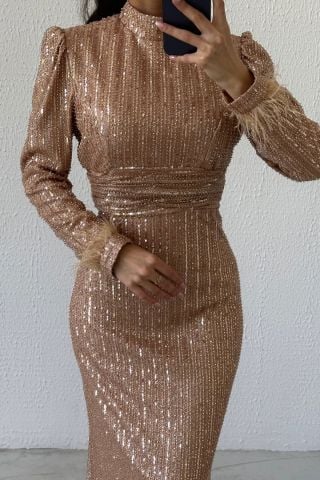 Thin Waist Pleated Sequined Hijab Evening Dress Copper