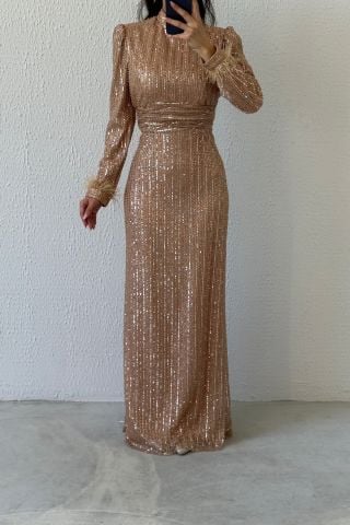 Beli İnce Piliseli Pul Payet Tesettür Abiye Bakır