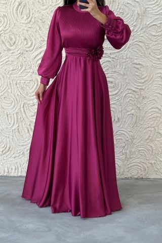 Flower Detailed Pleated Hijab Evening Dress Plum