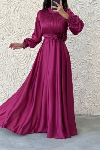 Flower Detailed Pleated Hijab Evening Dress Plum