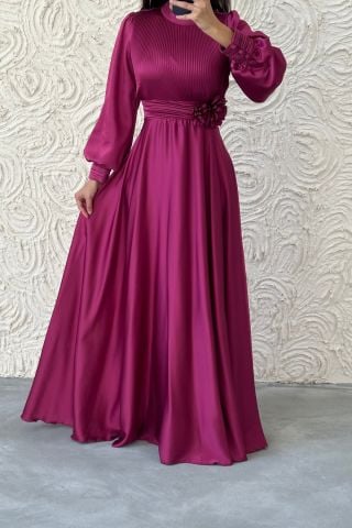 Flower Detailed Pleated Hijab Evening Dress Plum
