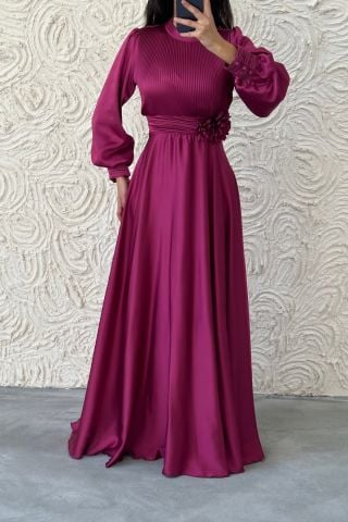 Flower Detailed Pleated Hijab Evening Dress Plum