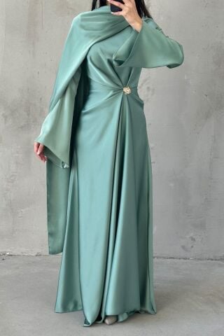 Flowing Fabric and Brooch Detail Satin Hijab Evening Dress in Mint Green