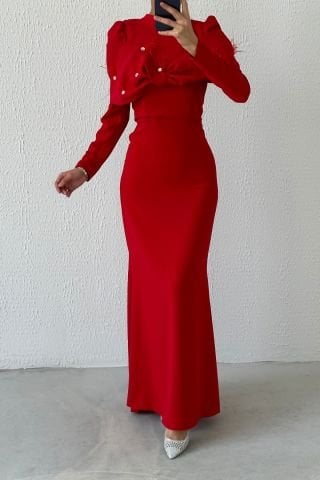 Modern Tasarım Eşsiz Krep Tesettür Abiye Kırmızı