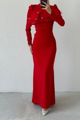 Modern Tasarım Eşsiz Krep Tesettür Abiye Kırmızı