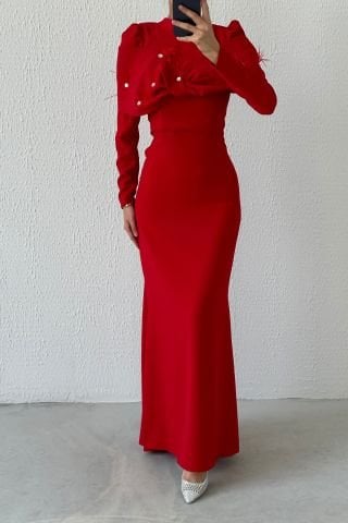 Modern Tasarım Eşsiz Krep Tesettür Abiye Kırmızı