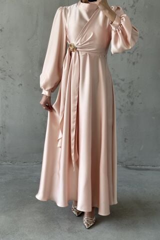 Eliz Satin Hijab Evening Dress Powder Pink