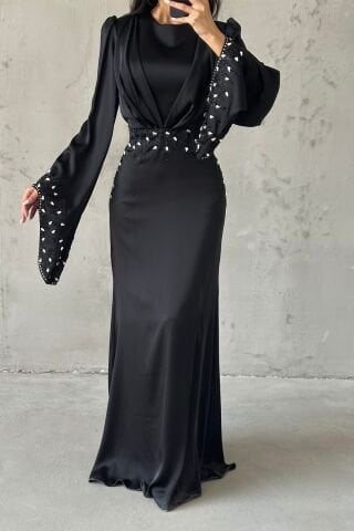 Zerafet Işıltısı Saten Tesettür Abiye Siyah