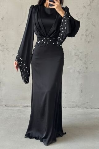 Zerafet Işıltısı Saten Tesettür Abiye Siyah