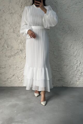 Pliseli Kat Kat Janjan Şifon Tesettür Abiye Ekru