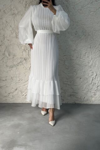 Pliseli Kat Kat Janjan Şifon Tesettür Abiye Ekru