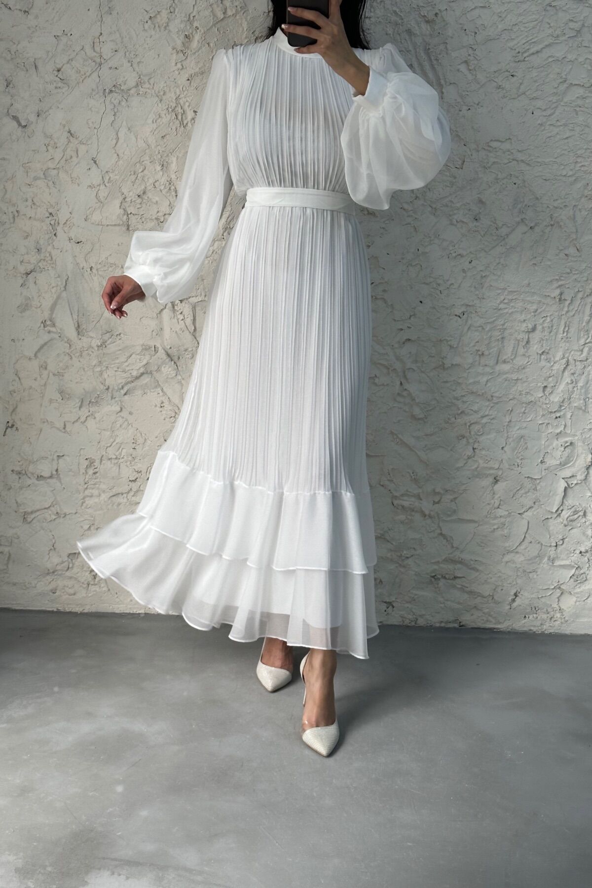 Pliseli Kat Kat Janjan Şifon Tesettür Abiye Ekru