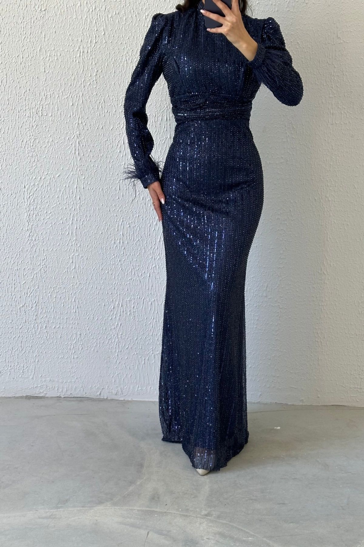 Beli İnce Piliseli Pul Payet Tesettür Abiye Lacivert