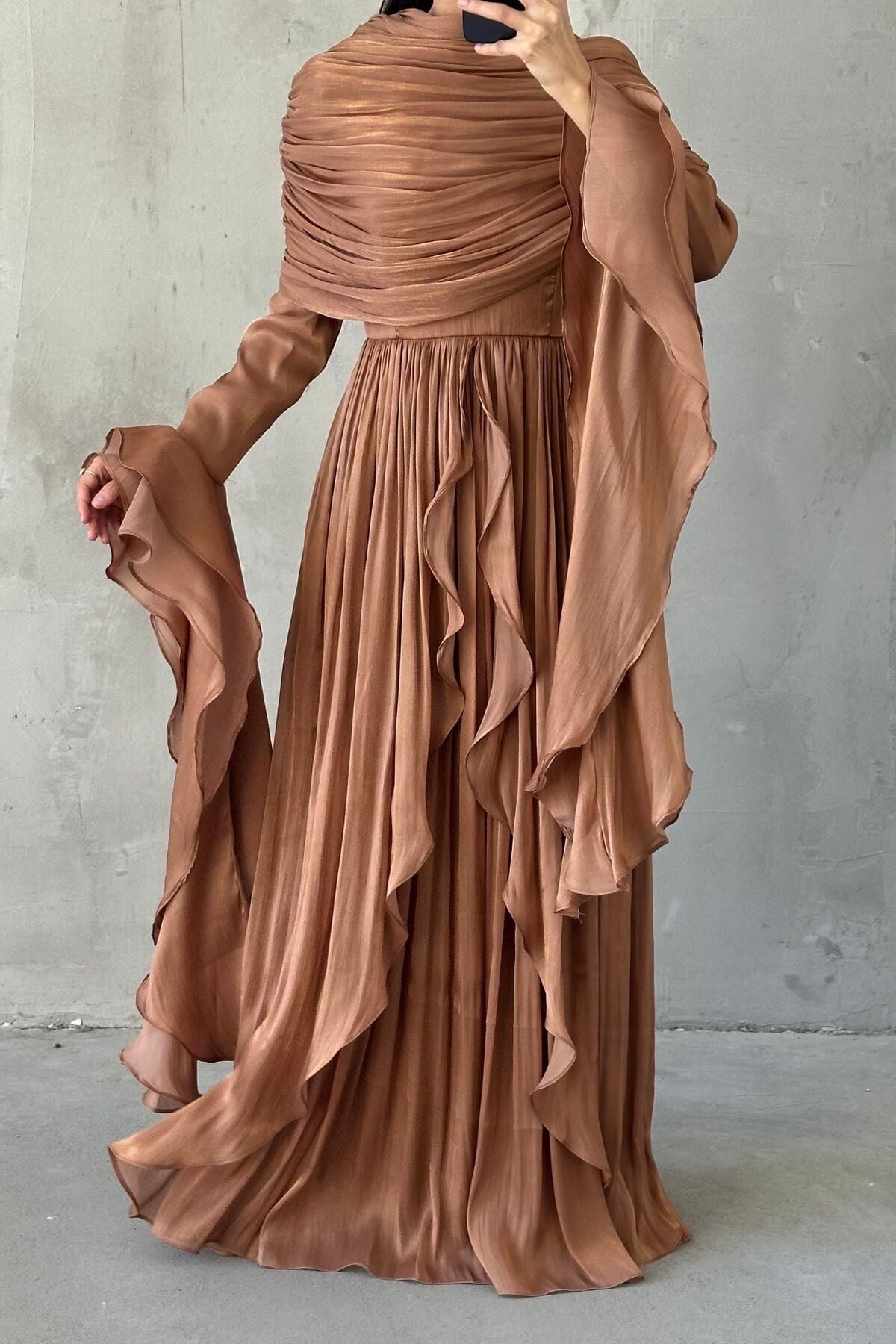Ruffle Detailed Janjan Hijab Evening Dress Copper