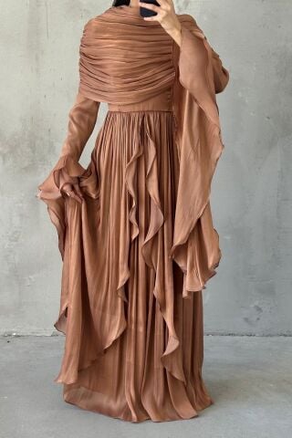 Ruffle Detailed Janjan Hijab Evening Dress Copper