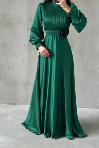 Flower Detailed Pleated Hijab Evening Dress Green