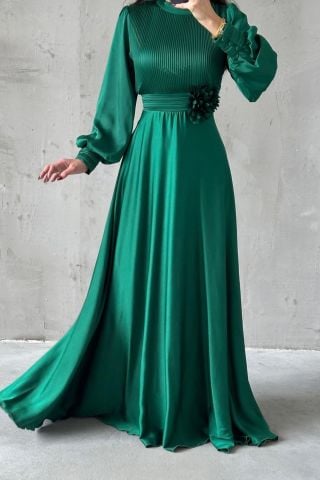 Flower Detailed Pleated Hijab Evening Dress Green
