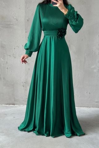 Flower Detailed Pleated Hijab Evening Dress Green