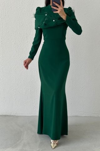 Modern Tasarım Eşsiz Krep Tesettür Abiye Yeşil