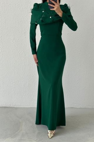 Modern Tasarım Eşsiz Krep Tesettür Abiye Yeşil