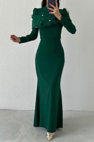 Modern Tasarım Eşsiz Krep Tesettür Abiye Yeşil