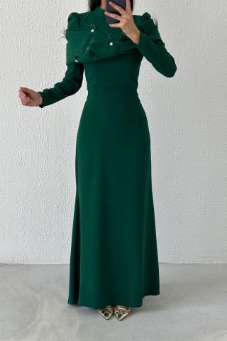 Modern Tasarım Eşsiz Krep Tesettür Abiye Yeşil